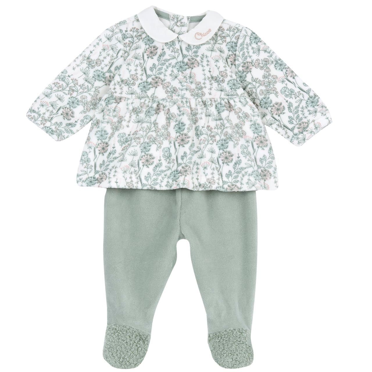Completo Maglia E Pantaloni Con Piedini | Chicco Completo Chicco verde per bambina composto da maglia in ciniglia con stampa di fiorellini e pantaloni con piedini in ciniglia e inserti bouclé. | Chicco