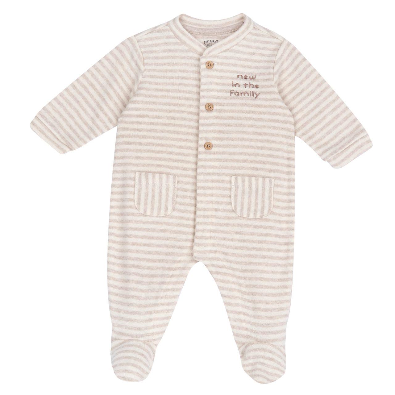 Tutina Aperta Davanti | Chicco Tutina Chicco unisex grigia a righe in interlock mano calda, con bottoncini effetto legno, grafica ricamata e chiusura frontale con automatici, ideale per neonati. | Chicco