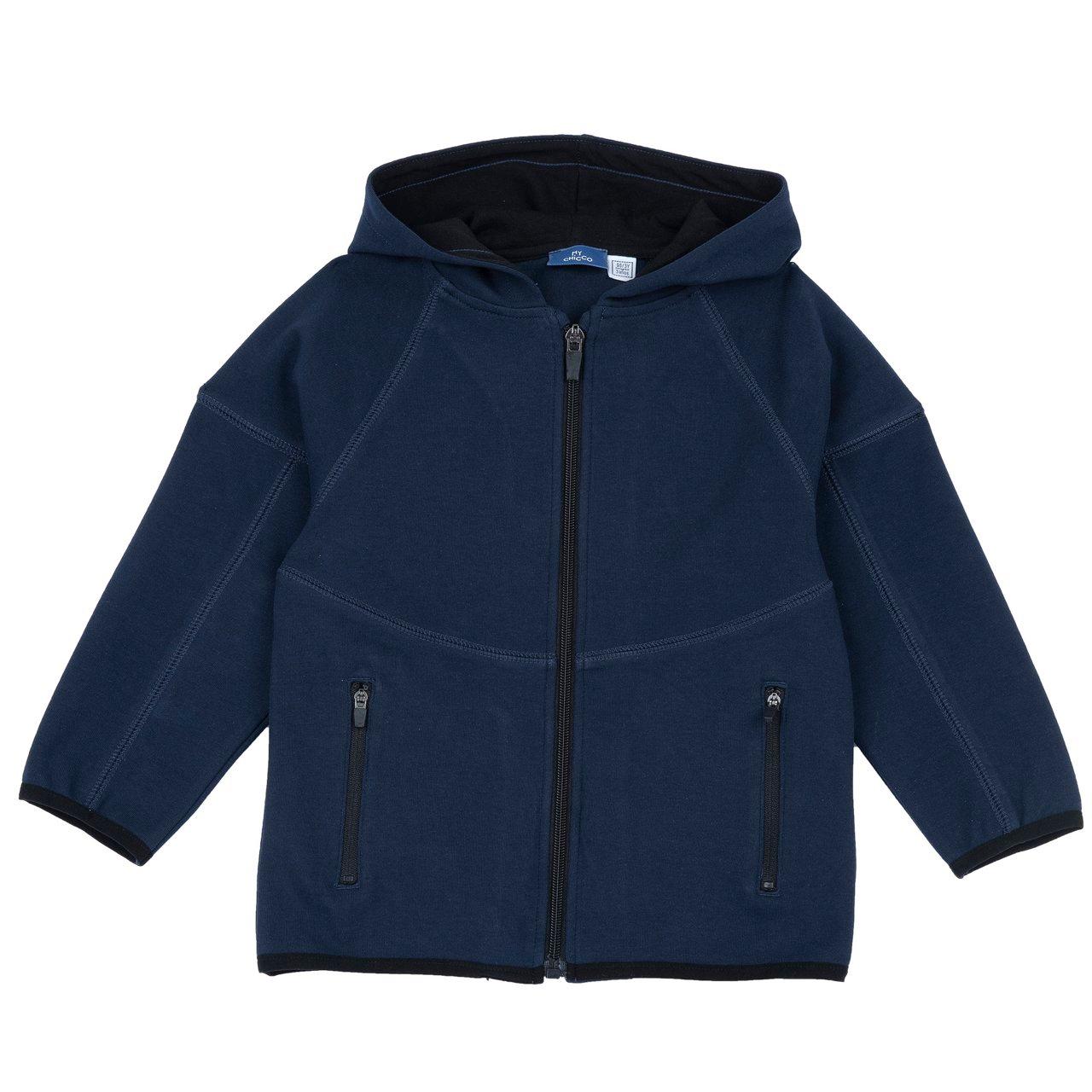 Felpa Con Cappuccio E Zip | Chicco Felpa con cappuccio e zip blu in interlock di cotone elasticizzato per bambino Chicco, con bordi a contrasto e vestibilità confortevole. | Chicco